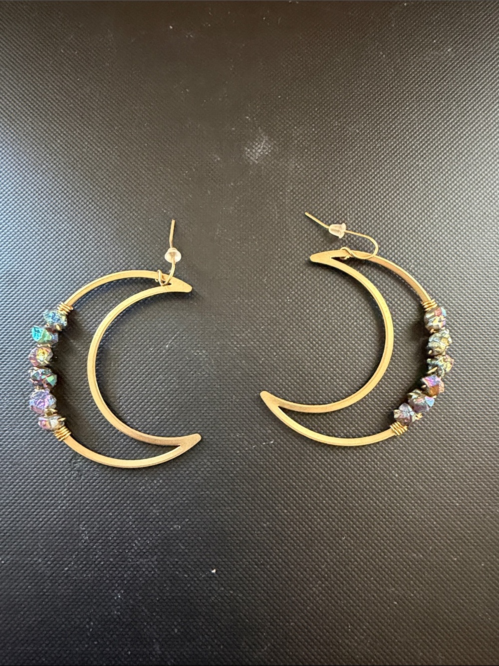 Gold Crescent Hoop Earrings with Iridescent Beads